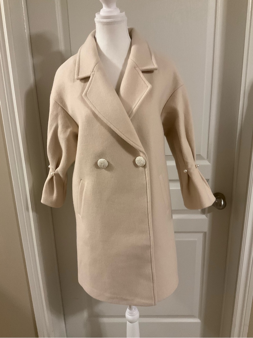 Mishow Womens Cream Double-Breasted Wool Blend Coat with Pearl  Frilled  Cuffs